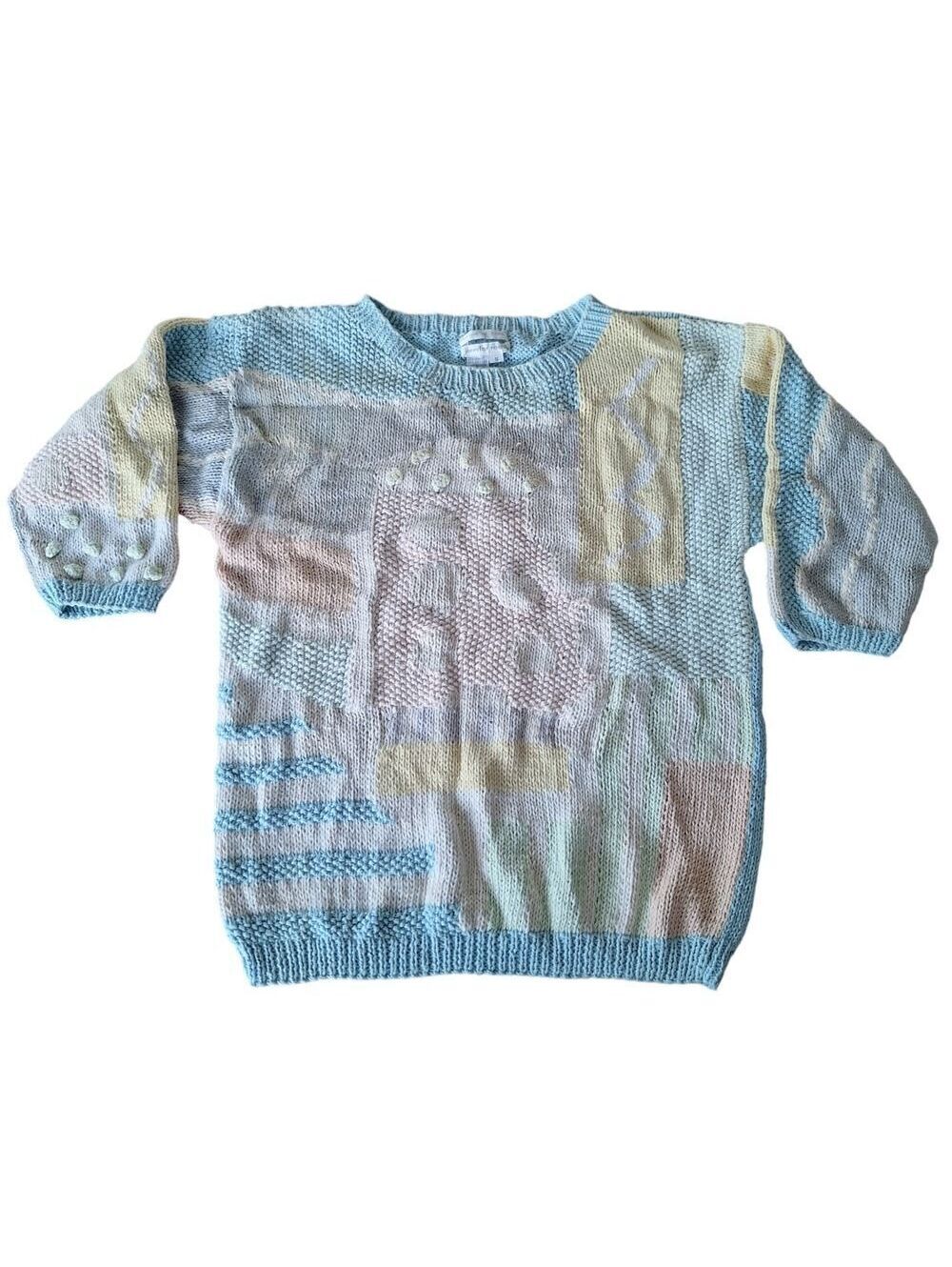 Jennifer Reed Knitted by Hand Sweater Pastel Patchwork Cotton Ramie Size S